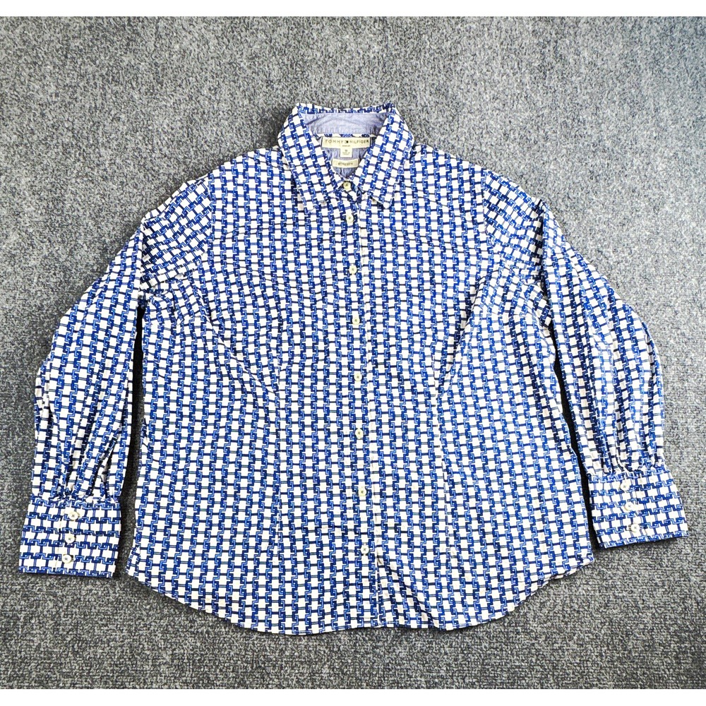 Tommy Hilfiger Stretch Button Down Shirt Women's Size 16 Blue Geometric Print